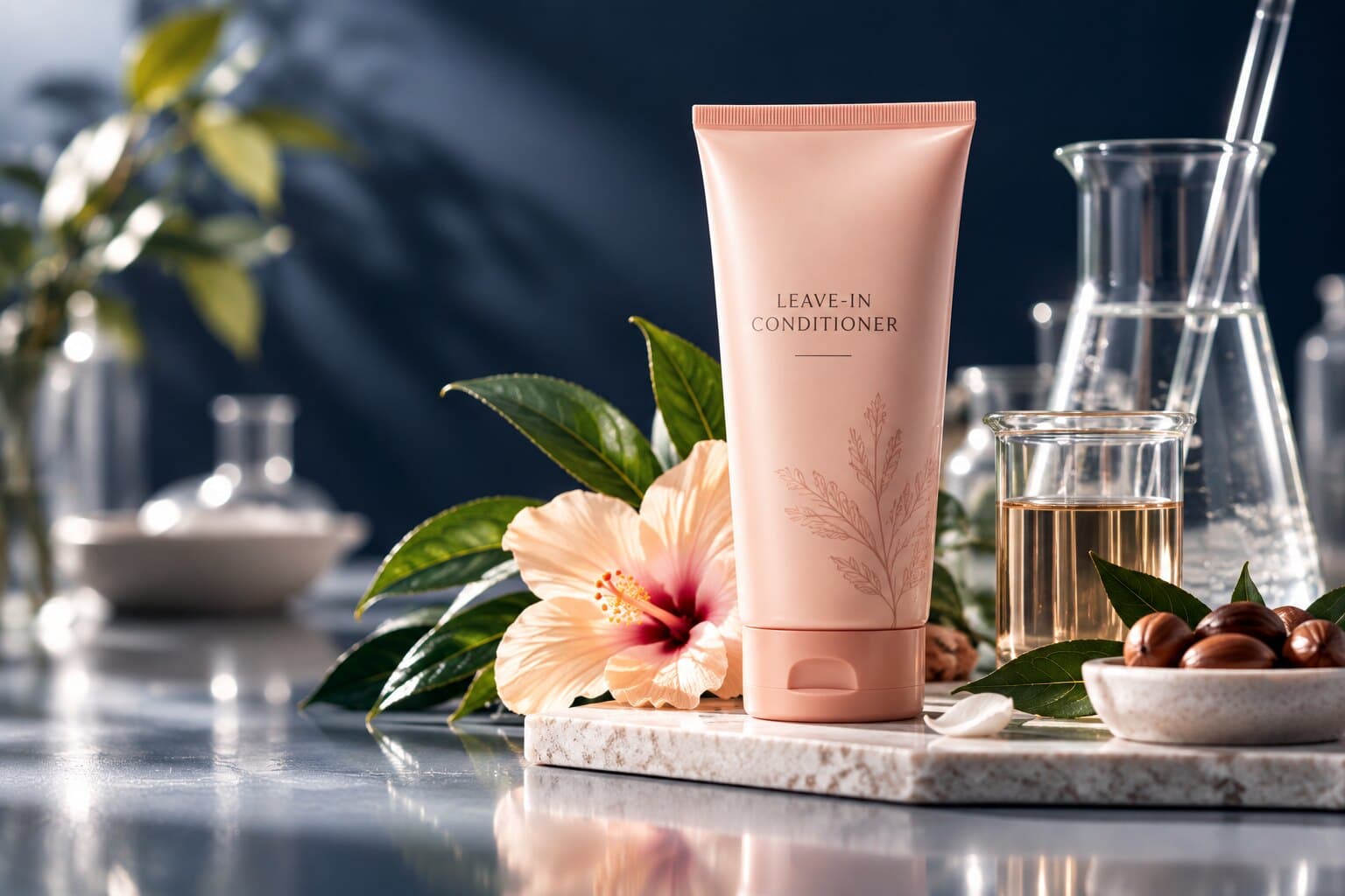 An unbranded leave-in conditioner tube on a stone tray with a hibiscus flower and botanical accents.