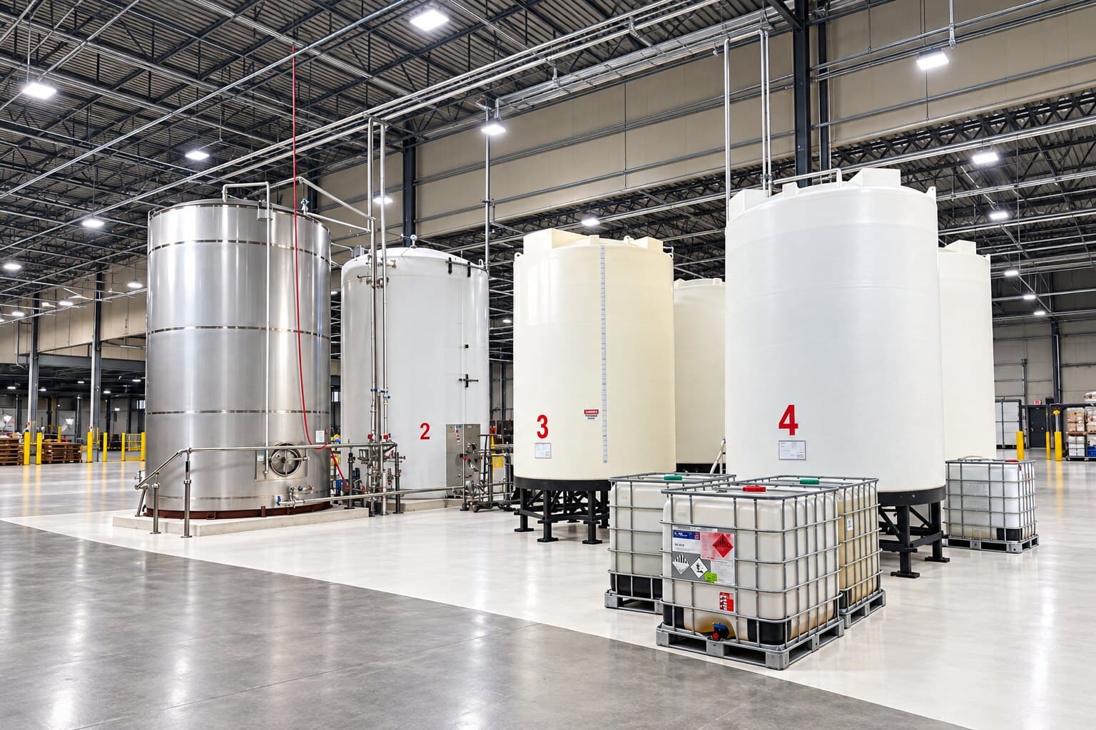 Bulk processing tanks on the production floor at the Ally Labs facility