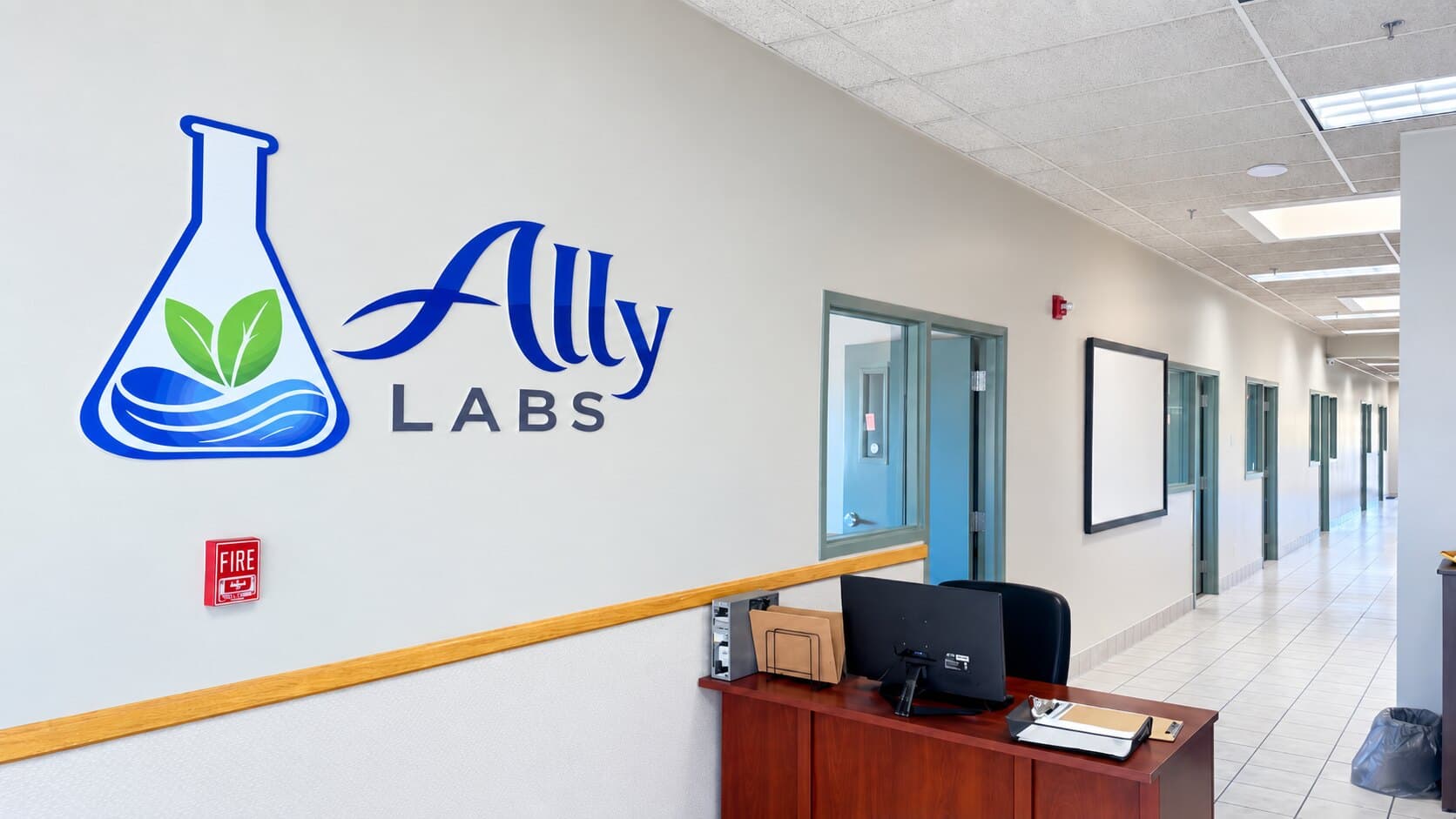 The Ally Labs wall sign in the hallway at the Evanston, Wyoming facility.