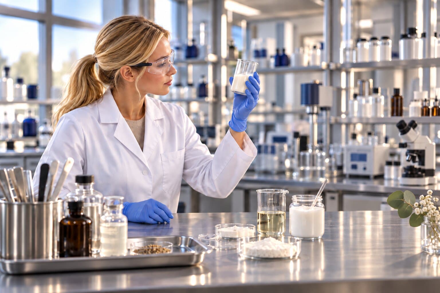 A formulator examining a beaker of white emulsion at the laboratory bench.