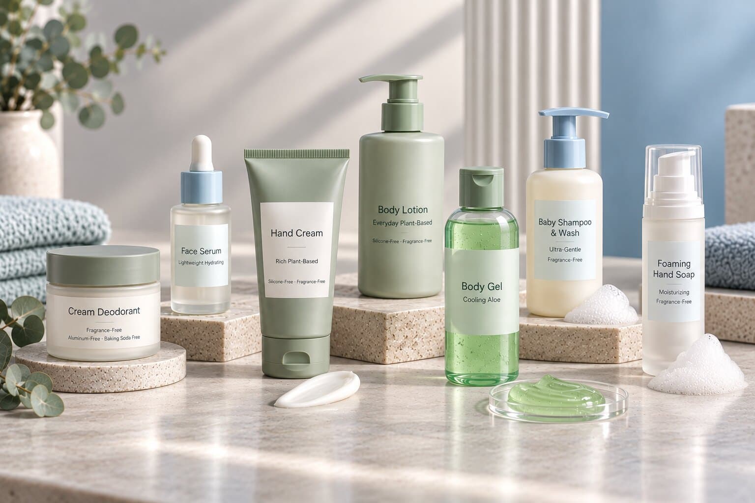 A grouped set of unbranded pre-stabilized base products on a stone surface.