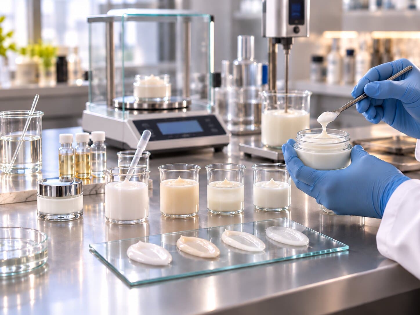 A formulator comparing cream samples in beakers and swatches on a glass plate.