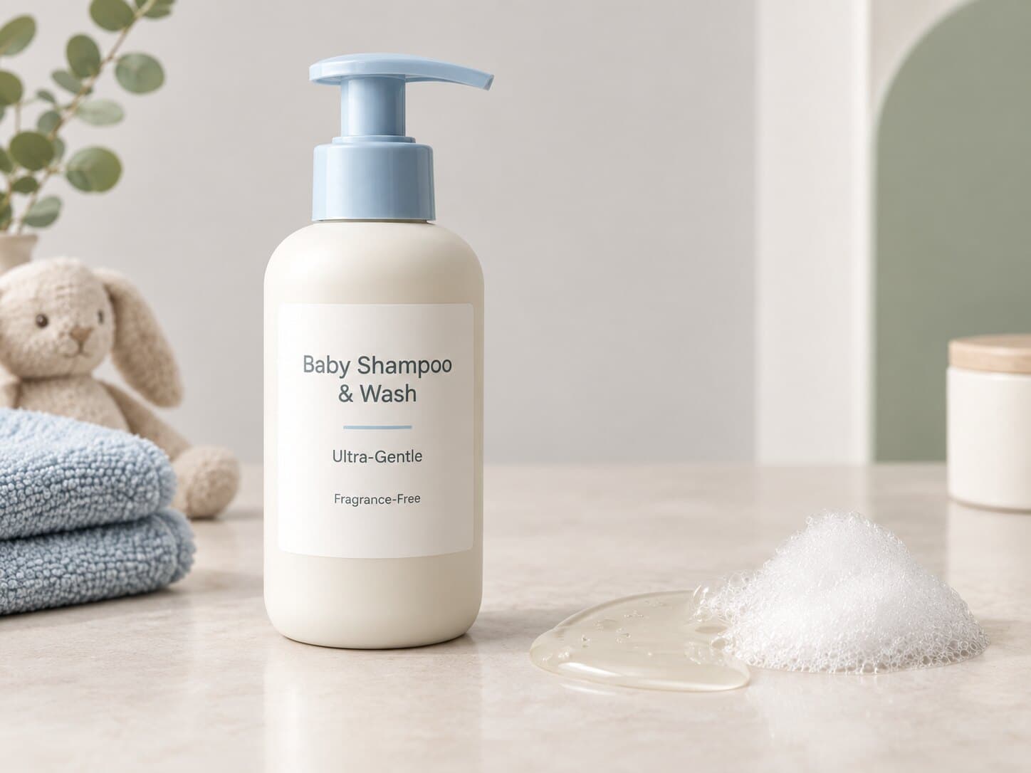 An unbranded baby shampoo and wash bottle beside a clear product swatch and foam.