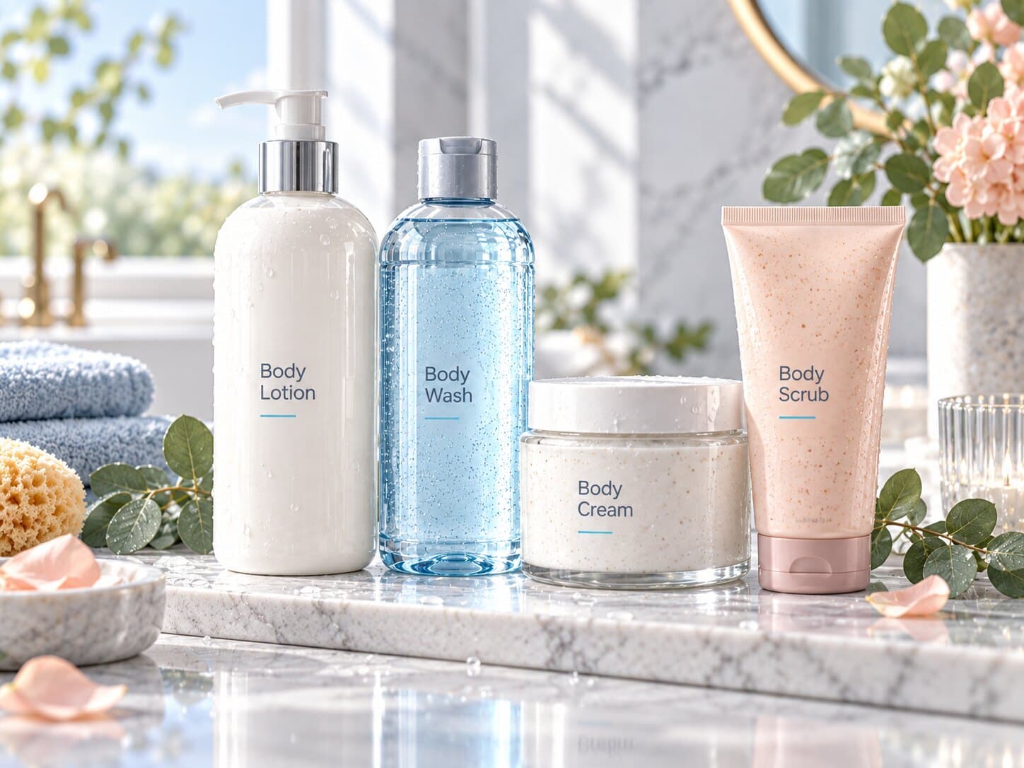 Unbranded body lotion, body wash, body cream and body scrub on a marble counter
