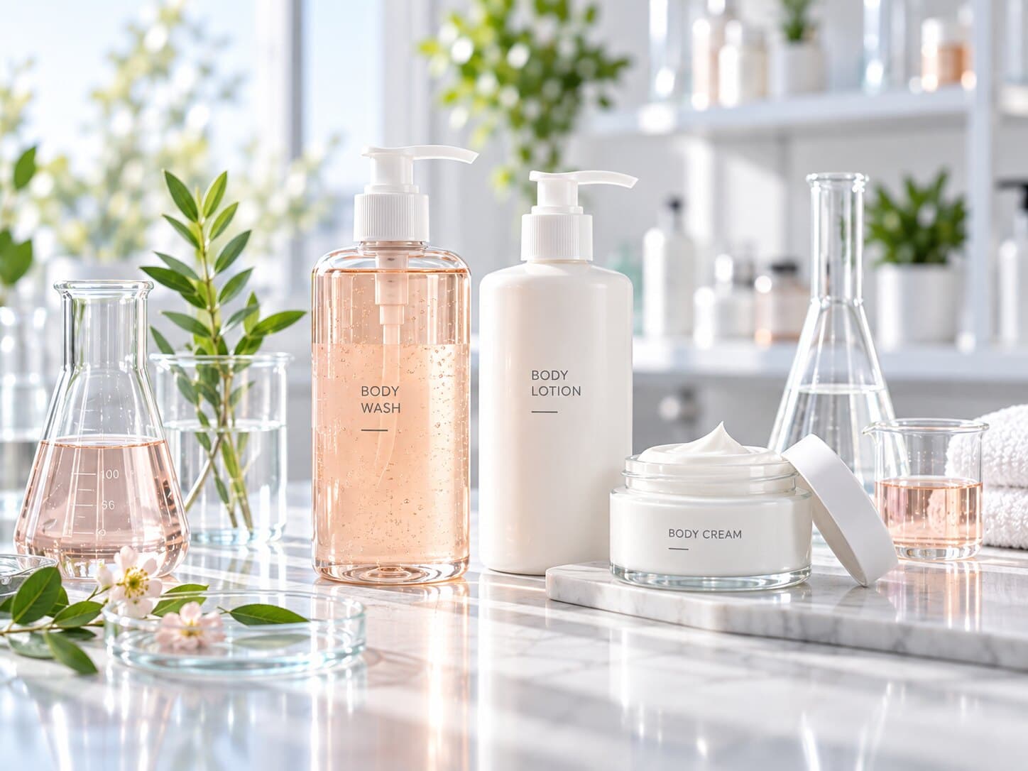 Unbranded body wash, body lotion and body cream beside laboratory glassware