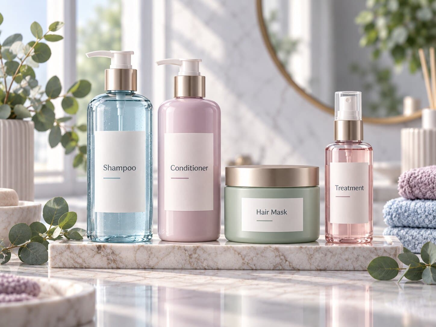 Unbranded shampoo, conditioner, hair mask and treatment spray on a marble tray