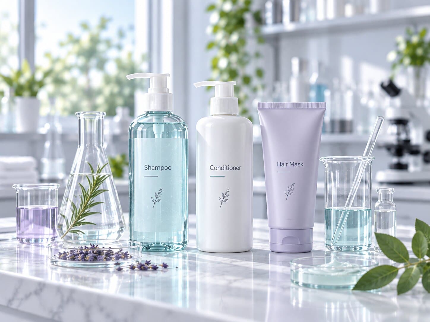 Unbranded shampoo, conditioner and hair mask beside beakers and lavender on a lab bench