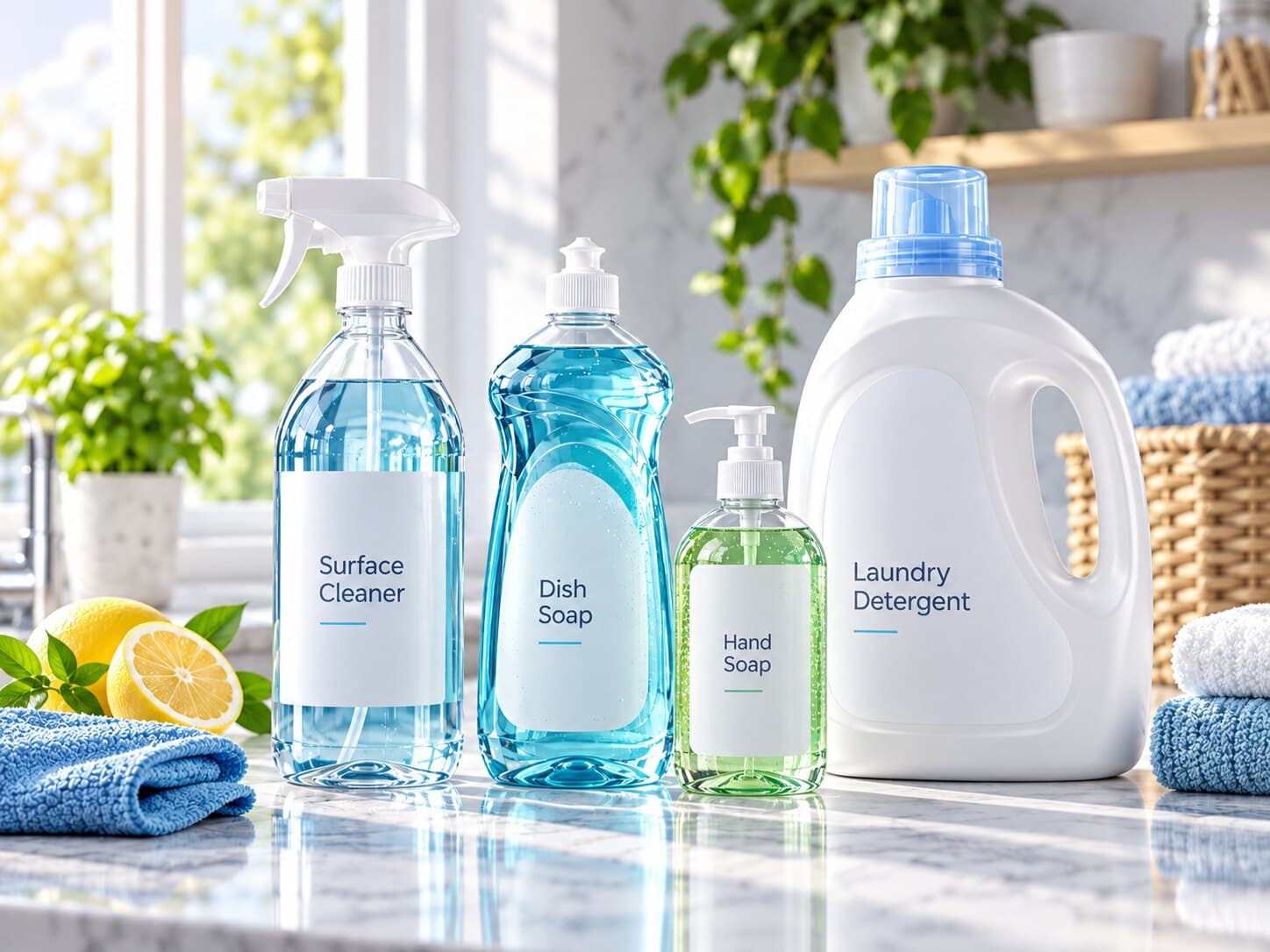 Unbranded surface cleaner, dish soap, hand soap and laundry detergent on a kitchen counter