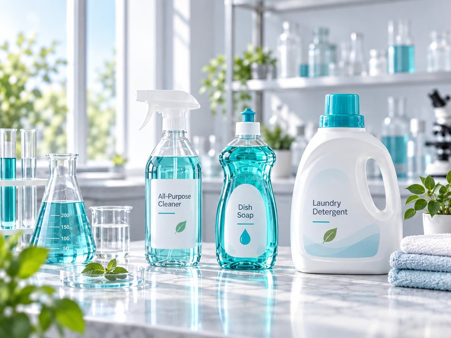 Unbranded all-purpose cleaner, dish soap and laundry detergent beside laboratory glassware