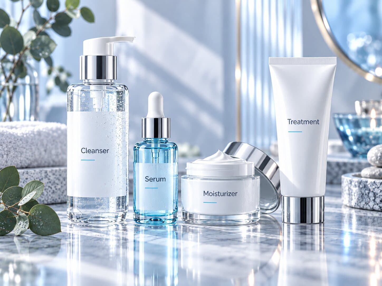 Unbranded skincare cleanser, serum, moisturizer and treatment on a marble counter