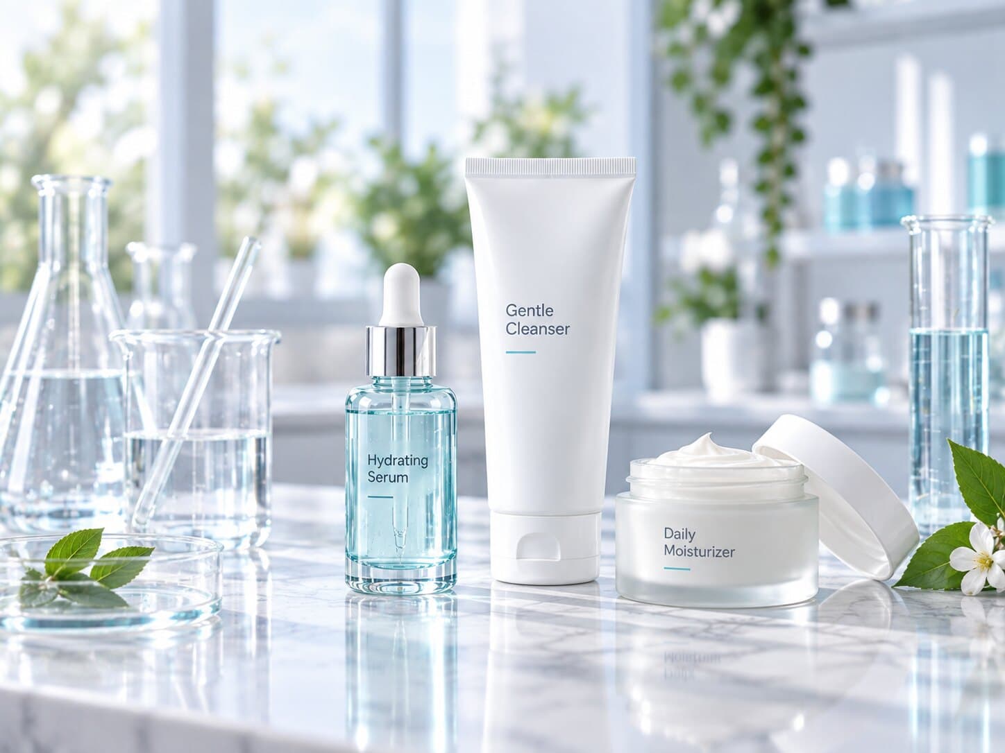 Unbranded hydrating serum, gentle cleanser and daily moisturizer beside laboratory glassware