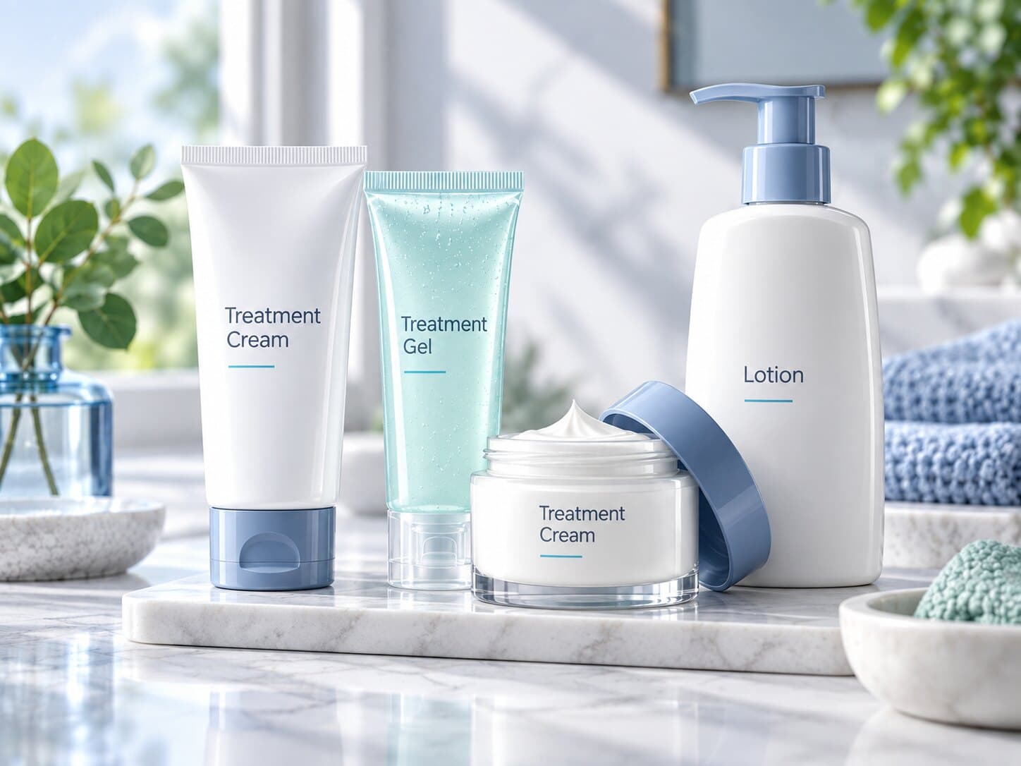 Unbranded treatment cream, treatment gel and lotion on a marble tray