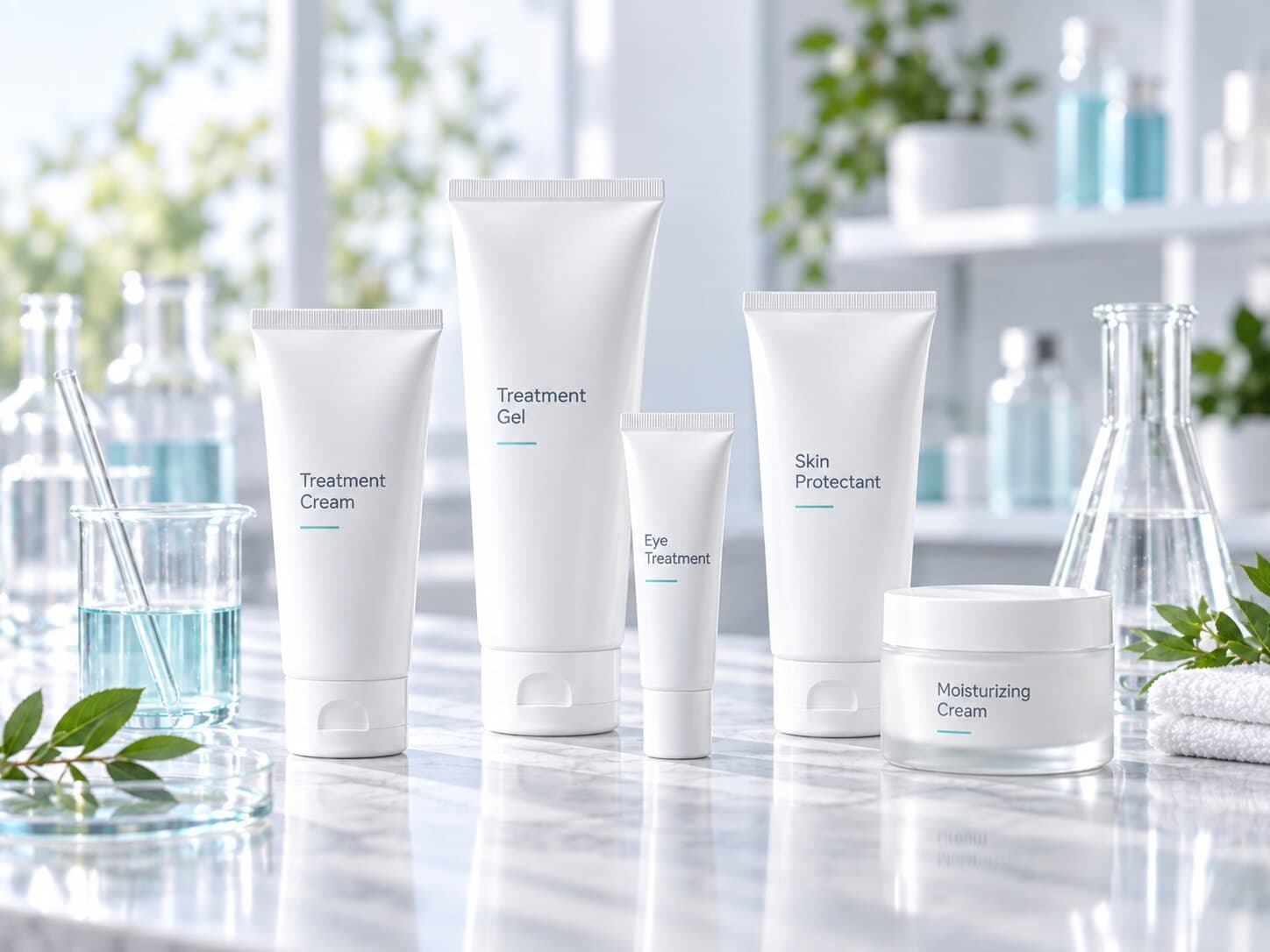 Unbranded treatment cream, gel, eye treatment, skin protectant and moisturizing cream beside glassware