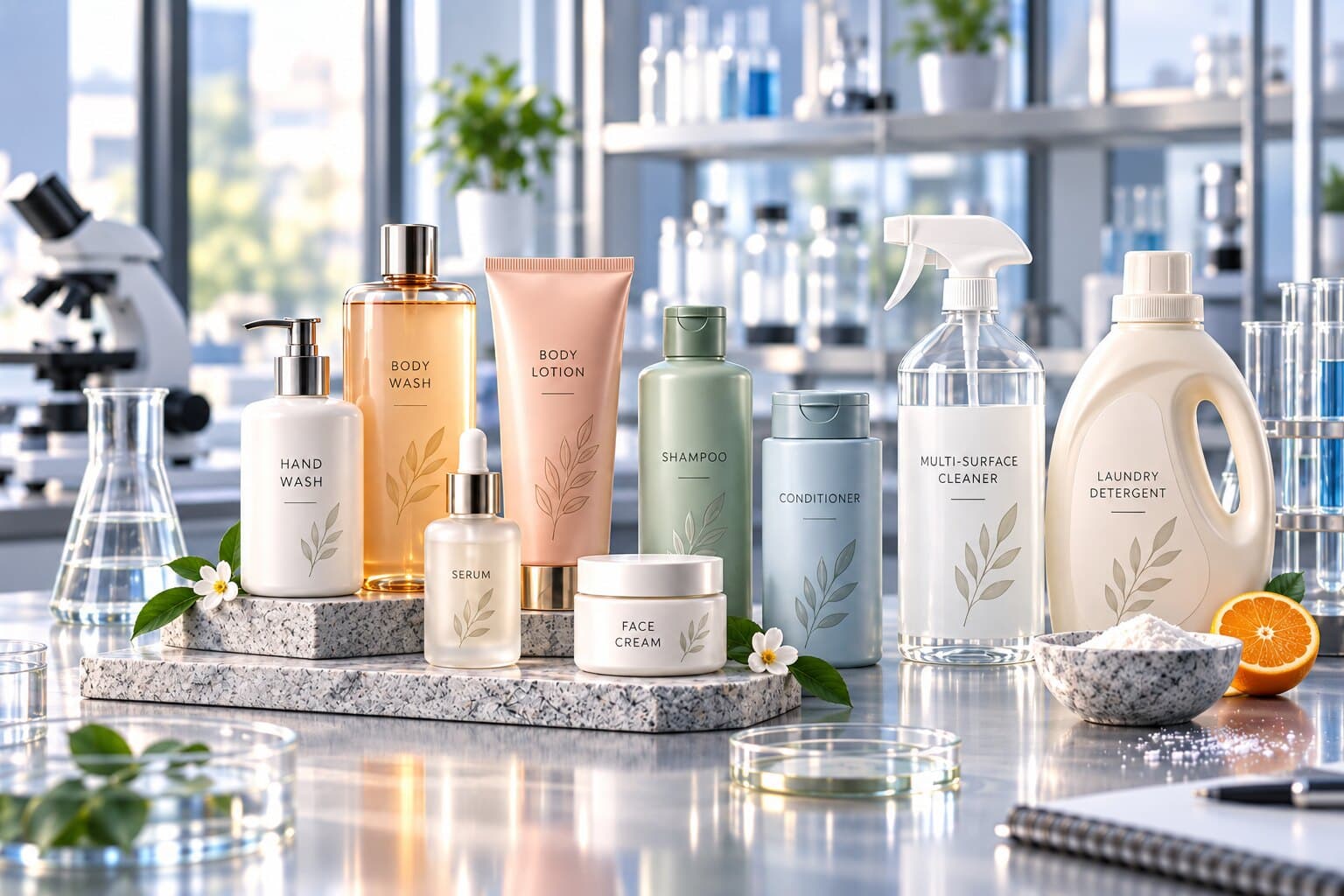 Unbranded personal care and household products on a laboratory bench with a microscope and glassware.