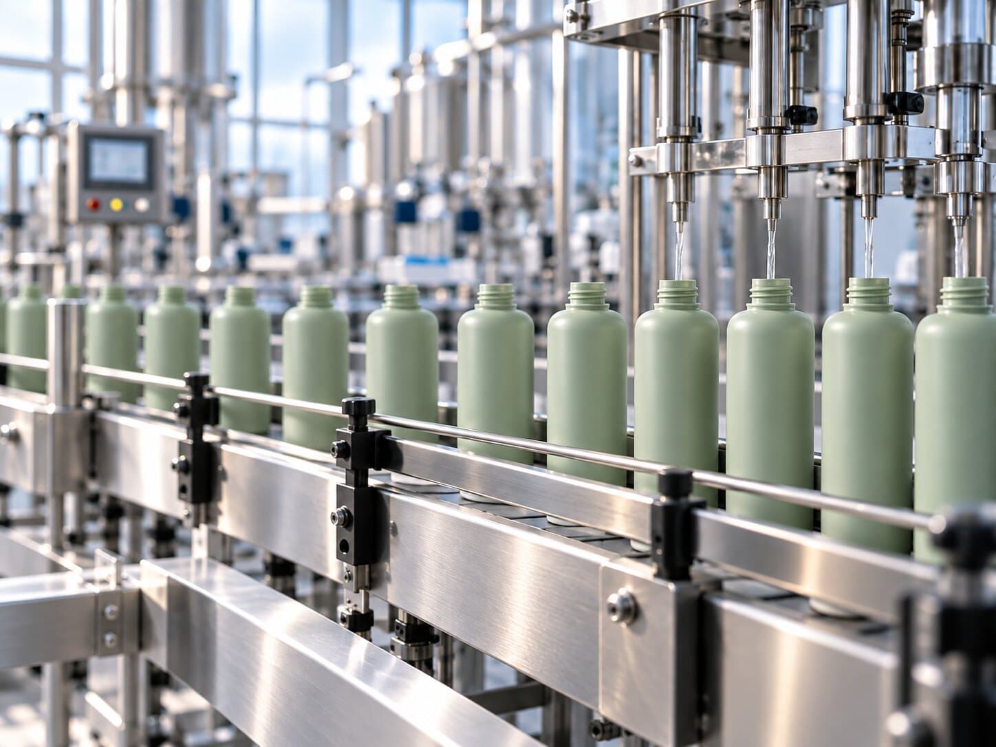 Pale green bottles moving uncapped along a filling line as product is dispensed.