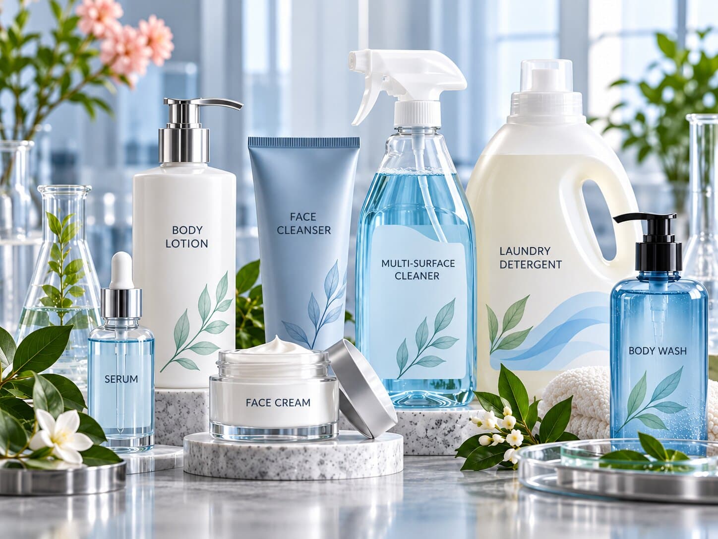 Unbranded personal care and household products arranged with laboratory glassware.