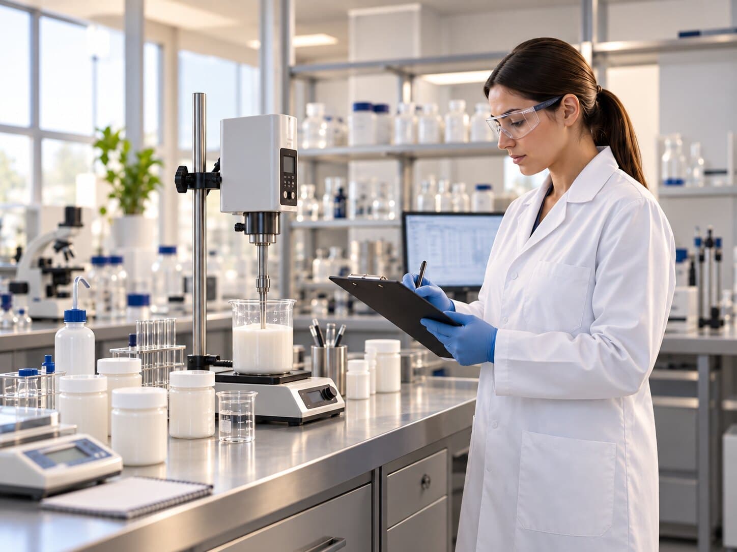 A quality analyst recording results beside a viscometer in the laboratory.