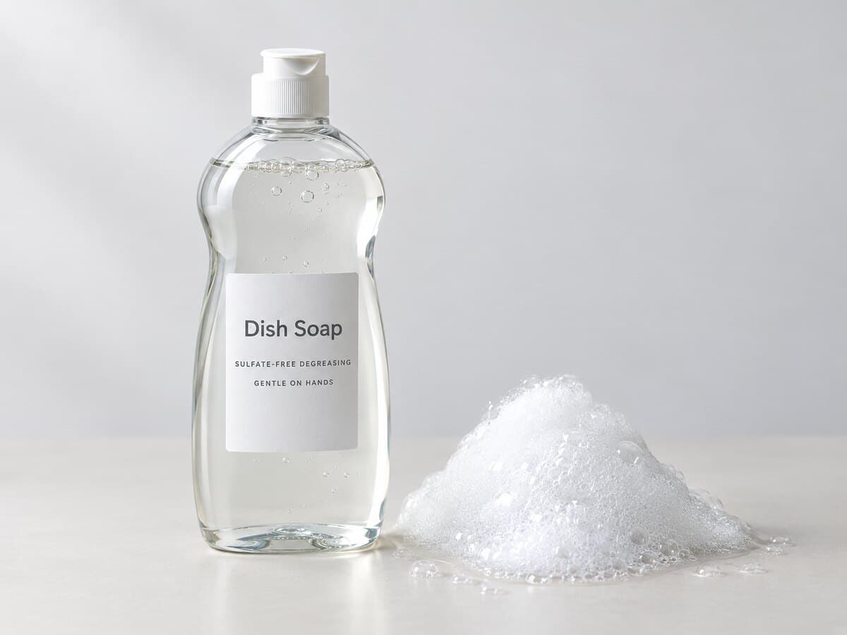 Functional dish-soap squeeze bottle beside clear liquid and a realistic foam/lather swatch.