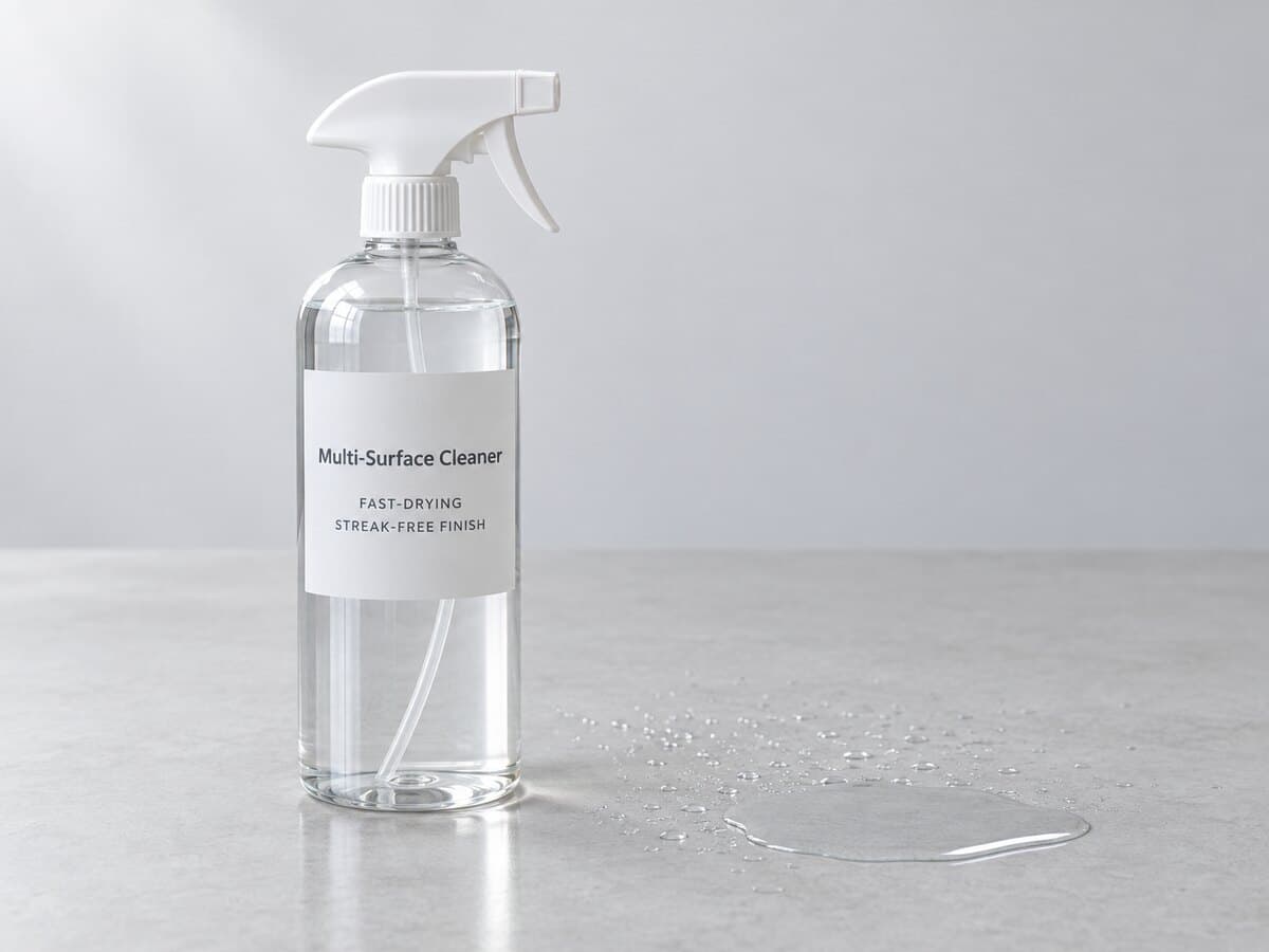 Functional trigger-spray bottle with clear multi-surface cleaner in a clean hard-surface setting.