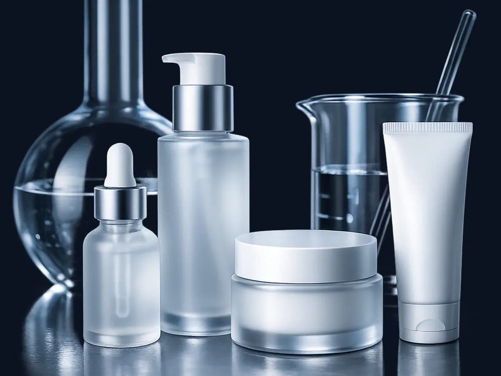 Unbranded lab glassware and product bottles arranged on a dark surface.