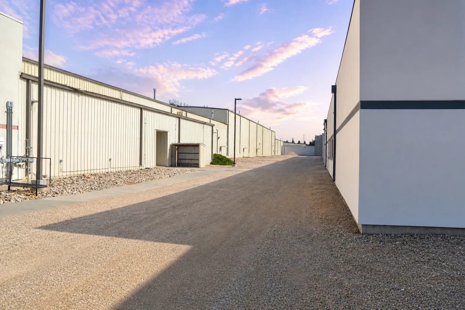 The corridor between production buildings at the Ally Labs facility.